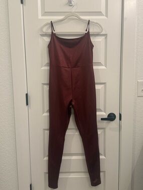 Burgundy Faux-Leather Jumpsuit with Spaghetti Straps